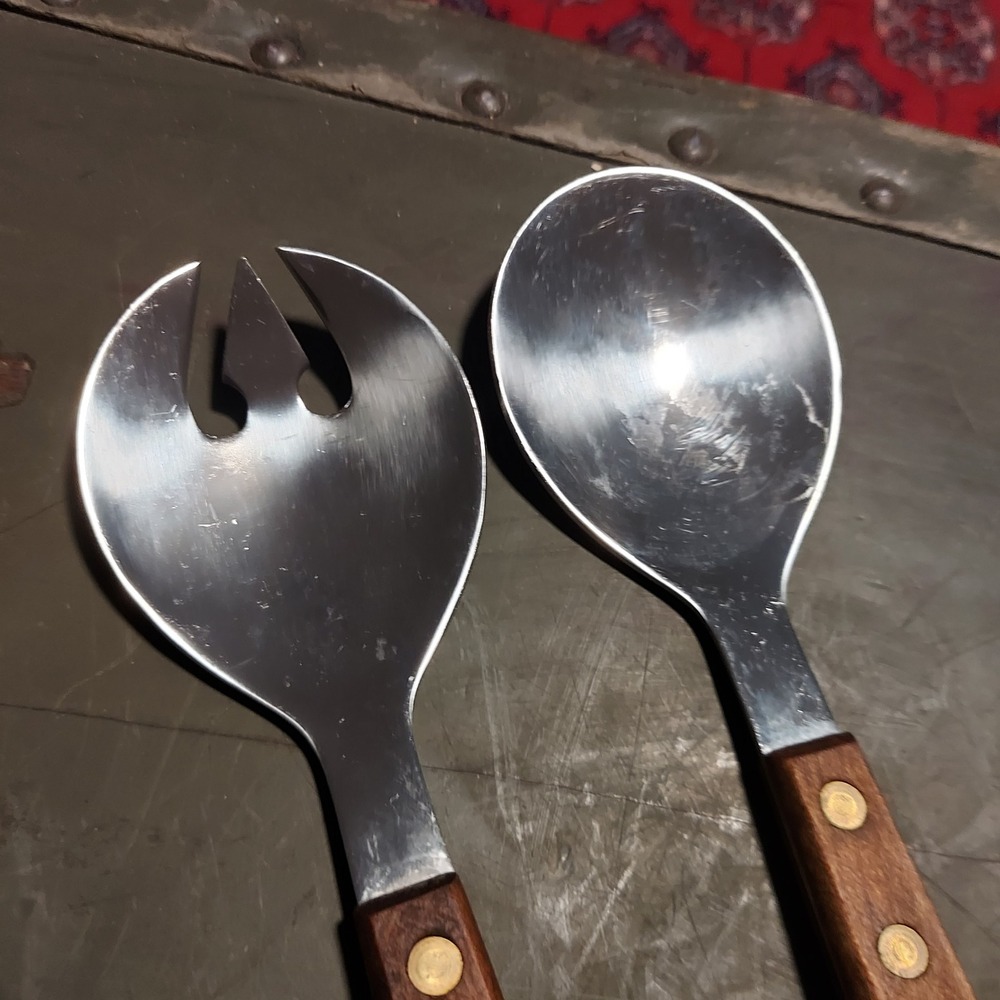 Vintage MCM Salad Serving Set 13 Inch Teak Wood Handle Stainless Steel 2 Piece - Picture 3 of 5